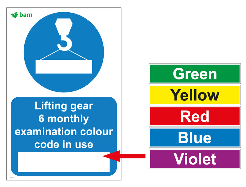 Lifting gear 6 monthly examination colour code in use – BAM Site Direct